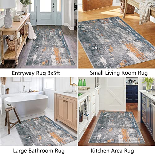 famibay 3x5 Area Rug for Bedroom Washable Throw Rugs with Rubber Backing Soft Flurry Bedroom Carpet Non Slip Modern Abstract Low Pile Small Floor Rugs for Living Room Kitchen Bathroom Dorm(Grey/Rust)