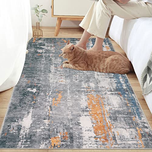 famibay 3x5 Area Rug for Bedroom Washable Throw Rugs with Rubber Backing Soft Flurry Bedroom Carpet Non Slip Modern Abstract Low Pile Small Floor Rugs for Living Room Kitchen Bathroom Dorm(Grey/Rust)