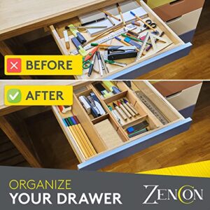 ZENCON Kitchen & Dresser Drawer Dividers with Inserts & Liner | Adjustable Bamboo Drawer Dividers | Spring Loaded Drawer Organizer for Large Utensils & Clothes, Tall Wood Drawer Divider (Long)