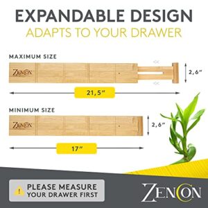ZENCON Kitchen & Dresser Drawer Dividers with Inserts & Liner | Adjustable Bamboo Drawer Dividers | Spring Loaded Drawer Organizer for Large Utensils & Clothes, Tall Wood Drawer Divider (Long)