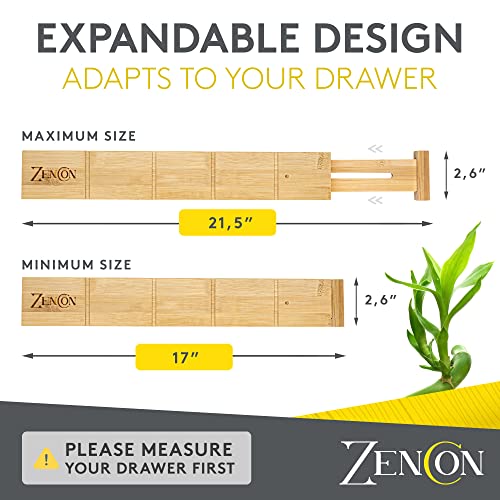 ZENCON Kitchen & Dresser Drawer Dividers with Inserts & Liner | Adjustable Bamboo Drawer Dividers | Spring Loaded Drawer Organizer for Large Utensils & Clothes, Tall Wood Drawer Divider (Long)