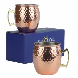 arora moscow mule mug, set of 2 copper hammered, durable for home dining, max capacity 20oz, 3.7" d x 3.9" h
