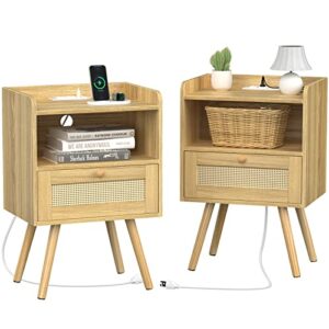 superjare nightstands set of 2, night stands with charging station & pe rattan decor drawer, bed side tables with solid wood feet, end table, for bedroom, living room - natural