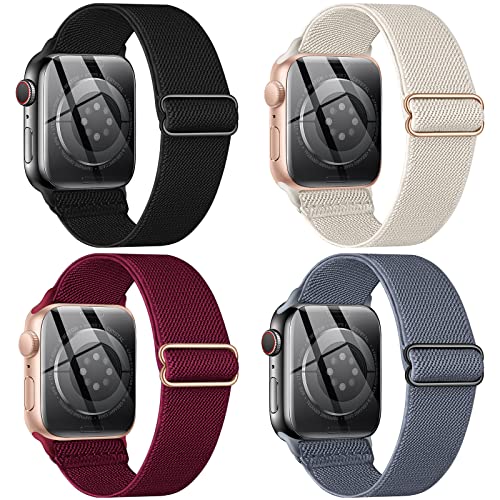 CTYBB 4 Pack Stretchy Nylon Solo Loop Bands Compatible with Apple Watch 40mm 38mm 44mm 49mm 45mm 42mm 41mm, Adjustable Braided Elastic Sport Straps Womens Men Wristbands for iWatch Series 8 7 6 5 4 3 2 1 SE Ultra