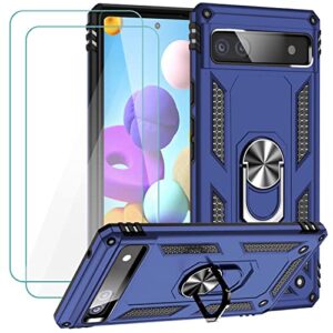 muntinfe for google pixel 6a case with tempered glass screen protector [2 pack], military-grade armor shockproof protective phone cover with ring magnetic kickstand for pixel 6a, blue