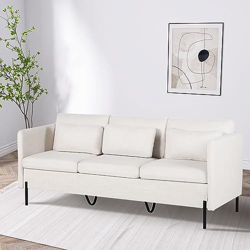 LINLUX 70'' Modern Upholstered Sofa Couch 3 Seater Couches for Living Room Sectional Sofas w/3 Pillows and Iron Legs, Linen Fabric Couch for Small Spaces,Bedroom,Apartment,Dorm,Office,Light Beige