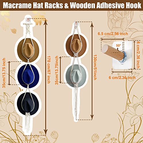 Macrame Hat Hangers for Wall with Adhensive Wooden Hook, Handmade Decorative Boho Hat Organizer Bohemian Macrame Cap Holder Set for Display for Beach Hat Sun Hat for Wide Brim Caps (3 holes & 2 holes)