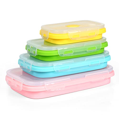 VIGIND Set of 4 Collapsible Foldable Silicone Food Storage Container,Space Saving,Air Tight,Reusable,Leftover Meal Box With For Kitchen, Bento Lunch Boxes-Microwave, Dishwasher and Freezer Safe