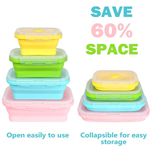 VIGIND Set of 4 Collapsible Foldable Silicone Food Storage Container,Space Saving,Air Tight,Reusable,Leftover Meal Box With For Kitchen, Bento Lunch Boxes-Microwave, Dishwasher and Freezer Safe