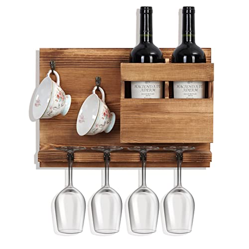 WGFKVAS Wine Rack Wall Mounted with Glass Holder and Cup Hook, Thickened Pine Wood Wine Shelf Rustic Wine Display Storage Rack, Gifts for Wine Lovers, Mother's Day, Birthday