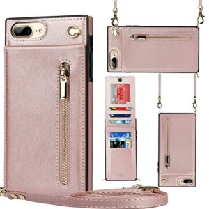 jaorty crossbody phone case for iphone 8 plus/7 plus case with card holder for women,iphone 7 plus case wallet with strap lanyard for men,pu leather magnetic clasp with kickstand 5.5", rosegold