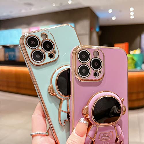 AIGOMARA 6D Plating Astronaut Hidden Stand Case Cover for iPhone 14 Pro Women Astronaut Folding Bracket Kickstand iPhone Case with Camera Protector Soft TPU Shockproof Bumper 6.1 in 2022 - Purple