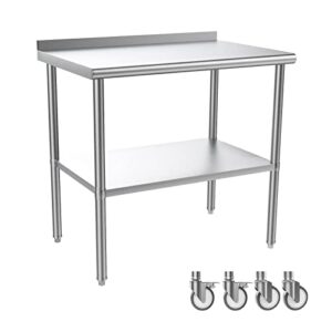 rovsun 36' x 24'' stainless steel table for prep & work,commercial worktables & workstations,heavy duty metal table with wheels & backsplash for kitchen, restaurant,home,hotel