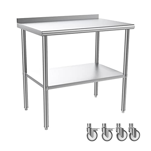 ROVSUN 36' x 24'' Stainless Steel Table for Prep & Work,Commercial Worktables & Workstations,Heavy Duty Metal Table with Wheels & Backsplash for Kitchen, Restaurant,Home,Hotel