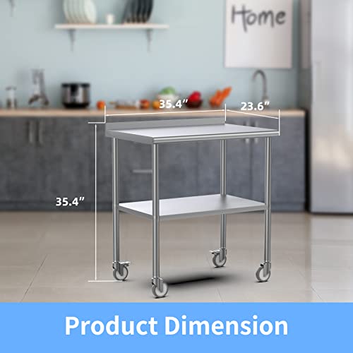 ROVSUN 36' x 24'' Stainless Steel Table for Prep & Work,Commercial Worktables & Workstations,Heavy Duty Metal Table with Wheels & Backsplash for Kitchen, Restaurant,Home,Hotel