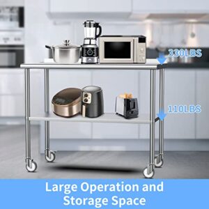 ROVSUN 36' x 24'' Stainless Steel Table for Prep & Work,Commercial Worktables & Workstations,Heavy Duty Metal Table with Wheels & Backsplash for Kitchen, Restaurant,Home,Hotel