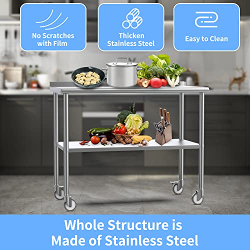 ROVSUN 36' x 24'' Stainless Steel Table for Prep & Work,Commercial Worktables & Workstations,Heavy Duty Metal Table with Wheels & Backsplash for Kitchen, Restaurant,Home,Hotel