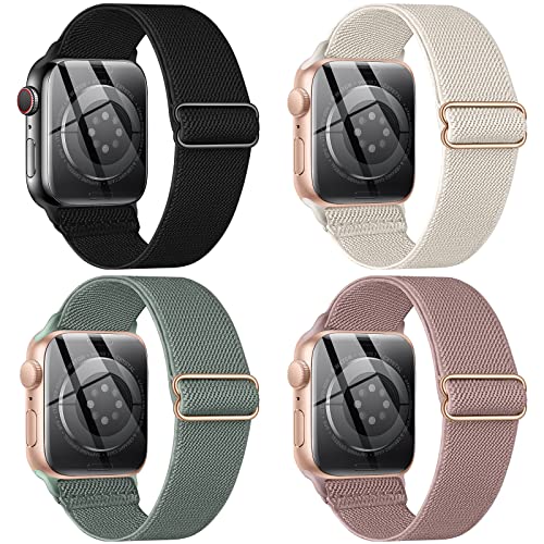 CTYBB 4 Pack Stretchy Nylon Solo Loop Bands Compatible with Apple Watch 40mm 38mm 44mm 49mm 45mm 42mm 41mm, Adjustable Braided Elastic Sport Straps Womens Men Wristbands for iWatch Series 9 8 7 6 5 4 3 2 1 SE Ultra