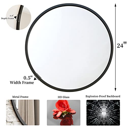 G-LEAF Black Round Mirror 24 inch, Circle Mirror for Bathroom, Entryway, Vanity, Living Room, Round Bathroom Mirror for Wall