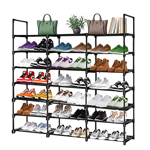 7-Tier Shoe Rack Storage Organizer for Closet, 42 Pairs Shoes and Boots Shelf Organizer, Durable Metal Pipes and Plastic Connectors Shoe Shelf Organizer for Entryway, Hallway, Living Room, Black