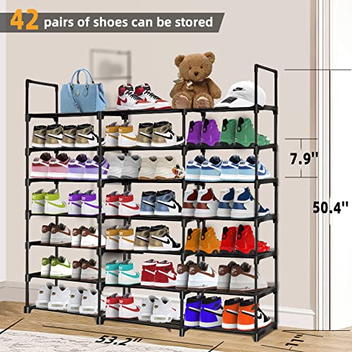 7-Tier Shoe Rack Storage Organizer for Closet, 42 Pairs Shoes and Boots Shelf Organizer, Durable Metal Pipes and Plastic Connectors Shoe Shelf Organizer for Entryway, Hallway, Living Room, Black