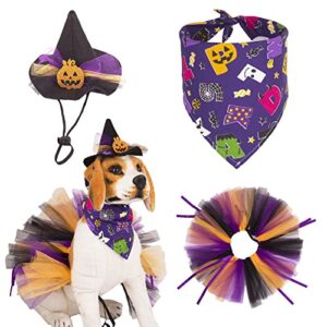 ADOGGYGO Halloween Dog Costume, Halloween Dog Bandana Hat Tutu Set, Purple Dog Halloween Costume Halloween Hat Bandana Costumes for Dogs Pets