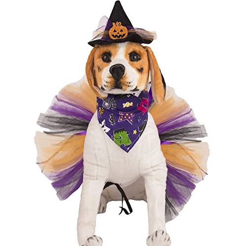 ADOGGYGO Halloween Dog Costume, Halloween Dog Bandana Hat Tutu Set, Purple Dog Halloween Costume Halloween Hat Bandana Costumes for Dogs Pets