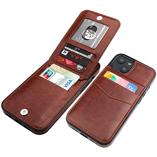 KIHUWEY Compatible with iPhone 14 Plus Case Wallet with Credit Card Holder, Flip Premium Leather Magnetic Clasp Kickstand Heavy Duty Protective Cover for iPhone 14 Plus 6.7 Inch (Brown)