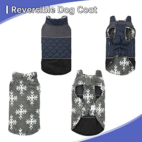 Warm Winter Jacket for Dogs,Reversible Furry Coat with Leash Hole,Puppy Cat Waterproof Reflective Vest Cloth for Cold Weather,Navyblue,XS