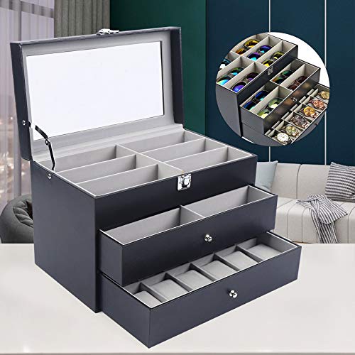 SHZICMY Sunglass Organize Box,3 Layer 12 Slots Multiple Glasses Organizer+12 Slots Watch Organizer,Eyeglass Sunglass Storage Box Display,Black