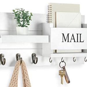 Lwenki Mail Organizer for Wall Mount – Key Holder with Shelf Includes Letter Holder and Hooks for Hallway Farmhouse Decor – Rustic Wood with Flush Mounting Hardware (16.5” x 9.1” x 3.4”) (White)