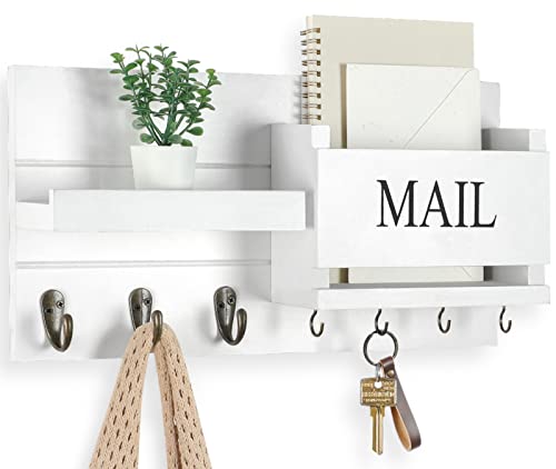 Lwenki Mail Organizer for Wall Mount – Key Holder with Shelf Includes Letter Holder and Hooks for Hallway Farmhouse Decor – Rustic Wood with Flush Mounting Hardware (16.5” x 9.1” x 3.4”) (White)