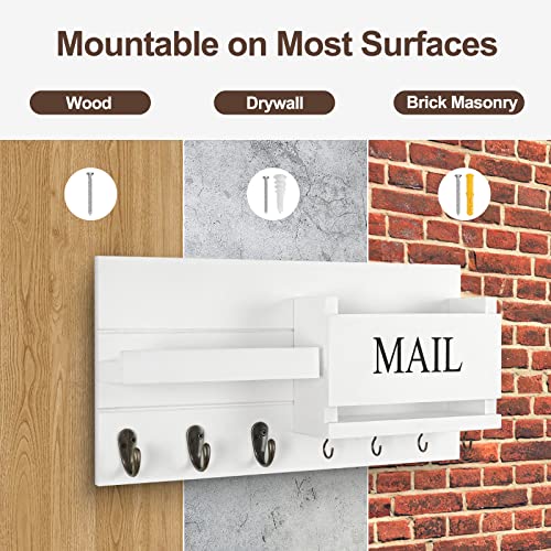 Lwenki Mail Organizer for Wall Mount – Key Holder with Shelf Includes Letter Holder and Hooks for Hallway Farmhouse Decor – Rustic Wood with Flush Mounting Hardware (16.5” x 9.1” x 3.4”) (White)