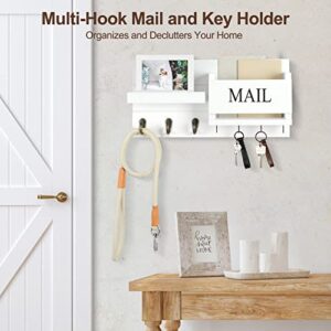 Lwenki Mail Organizer for Wall Mount – Key Holder with Shelf Includes Letter Holder and Hooks for Hallway Farmhouse Decor – Rustic Wood with Flush Mounting Hardware (16.5” x 9.1” x 3.4”) (White)