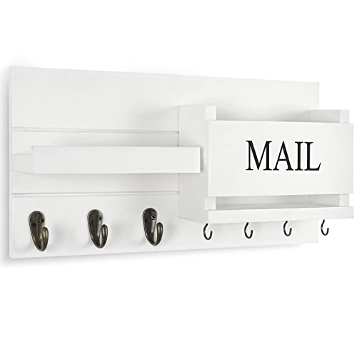 Lwenki Mail Organizer for Wall Mount – Key Holder with Shelf Includes Letter Holder and Hooks for Hallway Farmhouse Decor – Rustic Wood with Flush Mounting Hardware (16.5” x 9.1” x 3.4”) (White)