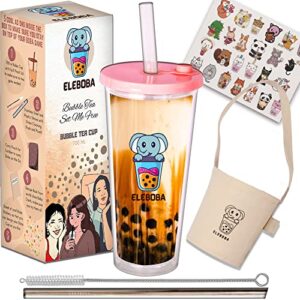 eleboba reusable boba cup with lid and straws - leak proof tumbler for bubble tea and smoothies - 24oz/700ml - carry pouch, stickers, 2x straws, cleaning brush, cute boba cup, kawaii boba cup