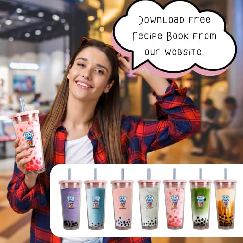 EleBoba Reusable Boba Cup with Lid and Straws - Leak Proof Tumbler for Bubble Tea and Smoothies - 24oz/700ml - Carry Pouch, Stickers, 2x Straws, Cleaning Brush, Cute Boba Cup, Kawaii Boba Cup