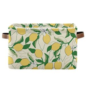beige lemons fabric storage bin with leather handles deorative basket for shelves closet collapsible storage cubes box organizer containers