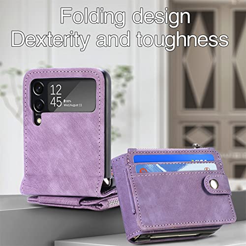 TopFunny Cases for Galaxy Z Flip 3 Wallet Case with Card Holder Retro 2 in 1 Detachable Zipper Flip Wallet Kickstand Premium PU Leather Protective Cover for Samsung Galaxy Z Flip 3 5G 2021 Purple