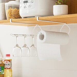 LINFIDITE 2 Pack Paper Towel Holder Under Cabinet New Upgrade Paper Towel Rolls Holder Wine Glass Holder Wall Mount Paper Rack Sliding No Drilling Kitchen Hanging Storage Rack,Black