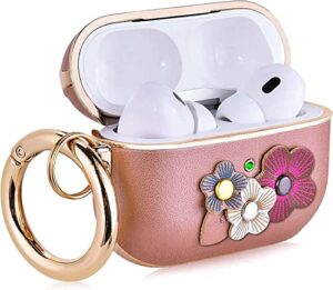v-moro for airpods pro 2nd generation case, flower airpod pro 2 leather case protective floral hard ipod pro 2 case for women men with keychain for airpods pro 2(2022), rose gold