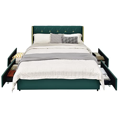 Giantex Upholstered Bed Frame with 4 Drawers, Queen Size PU Leather Bed Frame, Heavy-Duty Noise-Free Bed Frame, Easy Assembly, No Box Spring, Green