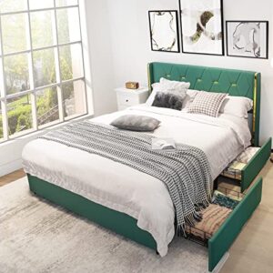 giantex upholstered bed frame with 4 drawers, queen size pu leather bed frame, heavy-duty noise-free bed frame, easy assembly, no box spring, green