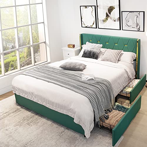 Giantex Upholstered Bed Frame with 4 Drawers, Queen Size PU Leather Bed Frame, Heavy-Duty Noise-Free Bed Frame, Easy Assembly, No Box Spring, Green