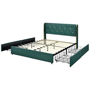 Giantex Upholstered Bed Frame with 4 Drawers, Queen Size PU Leather Bed Frame, Heavy-Duty Noise-Free Bed Frame, Easy Assembly, No Box Spring, Green