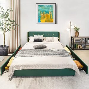 Giantex Upholstered Bed Frame with 4 Drawers, Queen Size PU Leather Bed Frame, Heavy-Duty Noise-Free Bed Frame, Easy Assembly, No Box Spring, Green