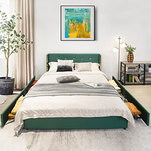 Giantex Upholstered Bed Frame with 4 Drawers, Queen Size PU Leather Bed Frame, Heavy-Duty Noise-Free Bed Frame, Easy Assembly, No Box Spring, Green