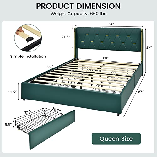 Giantex Upholstered Bed Frame with 4 Drawers, Queen Size PU Leather Bed Frame, Heavy-Duty Noise-Free Bed Frame, Easy Assembly, No Box Spring, Green