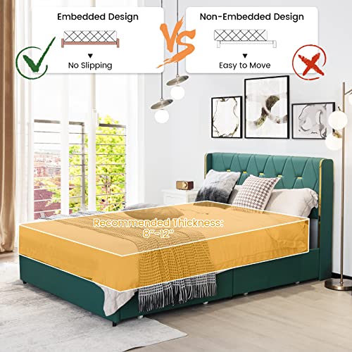 Giantex Upholstered Bed Frame with 4 Drawers, Queen Size PU Leather Bed Frame, Heavy-Duty Noise-Free Bed Frame, Easy Assembly, No Box Spring, Green