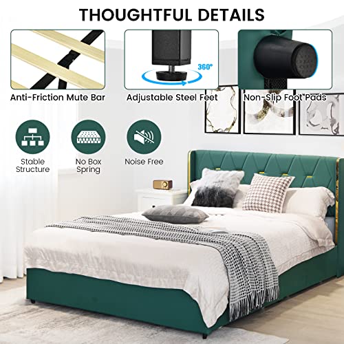 Giantex Upholstered Bed Frame with 4 Drawers, Queen Size PU Leather Bed Frame, Heavy-Duty Noise-Free Bed Frame, Easy Assembly, No Box Spring, Green